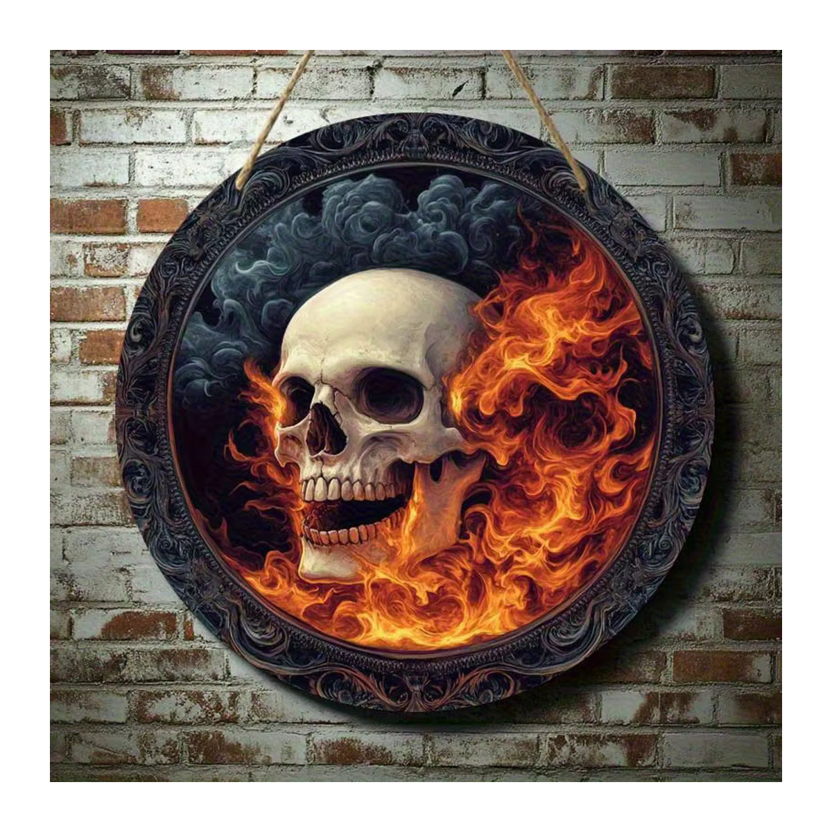 Rundes Holzschild sjs mit flammendem Totenkopf-Motiv in Mehrfarbig für Halloween-Dekoration - Bild 3