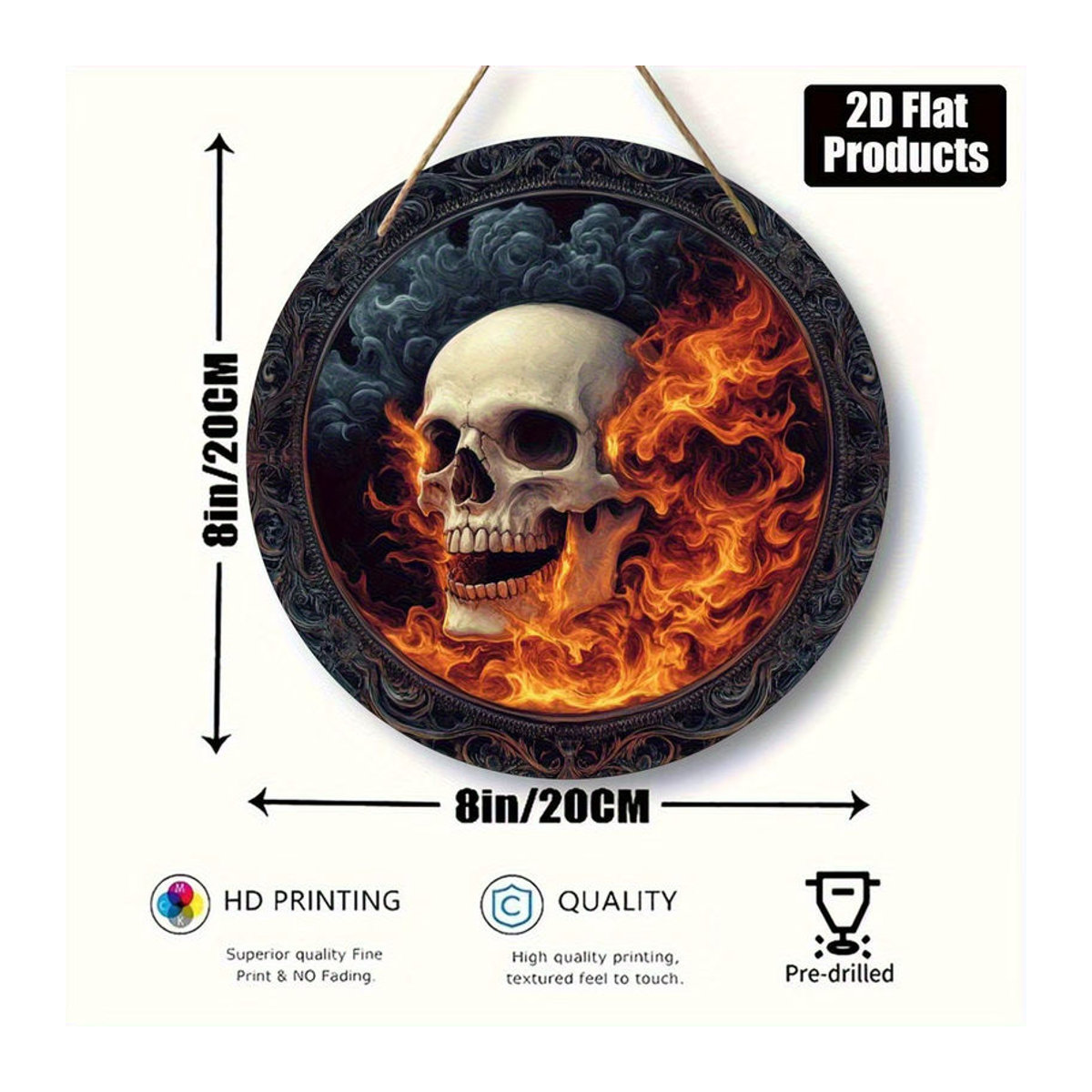 Rundes Holzschild sjs mit flammendem Totenkopf-Motiv in Mehrfarbig für Halloween-Dekoration - Bild 5