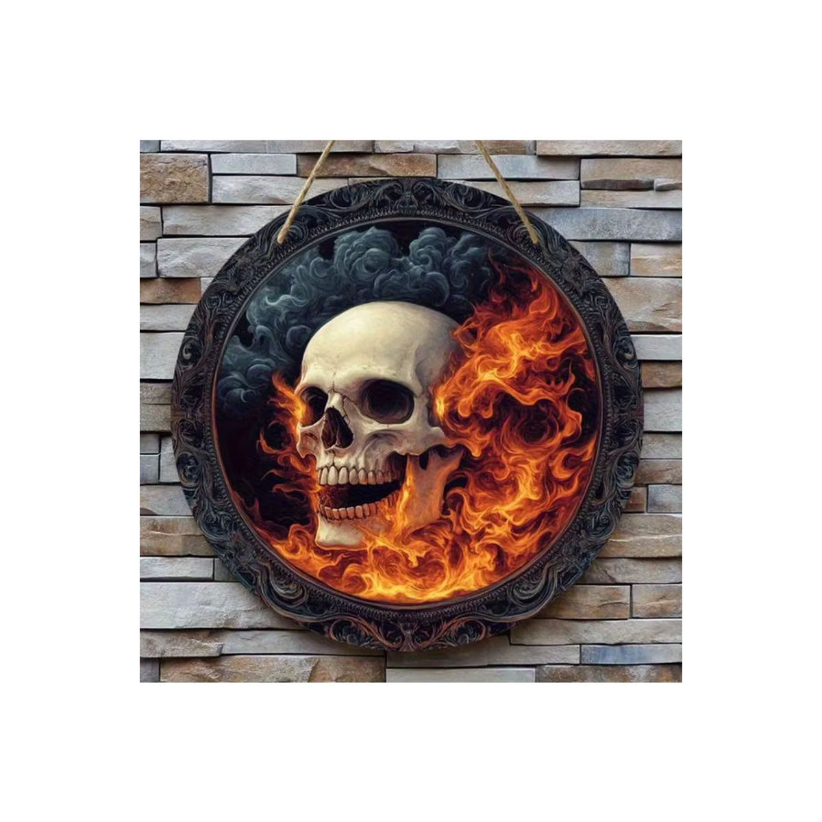 Rundes Holzschild sjs mit flammendem Totenkopf-Motiv in Mehrfarbig für Halloween-Dekoration - Bild 6