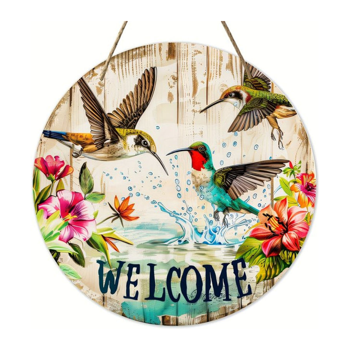 Rundes Holzschild sjs mit Kolibri- und Blumenmuster zum Aufhängen, mehrfarbig, florale Landhaus-Dekoration - Bild 1