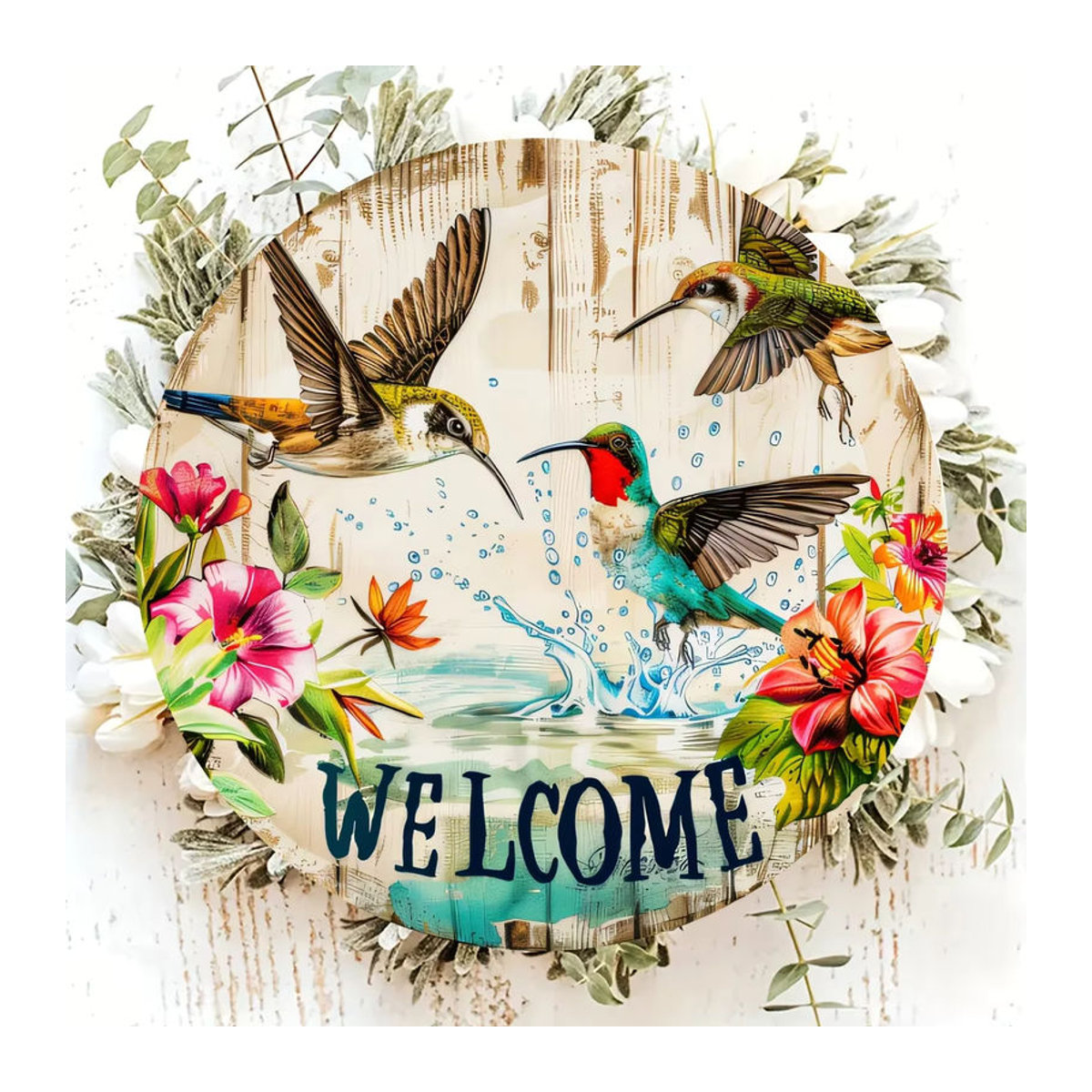 Rundes Holzschild sjs mit Kolibri- und Blumenmuster zum Aufhängen, mehrfarbig, florale Landhaus-Dekoration - Bild 2
