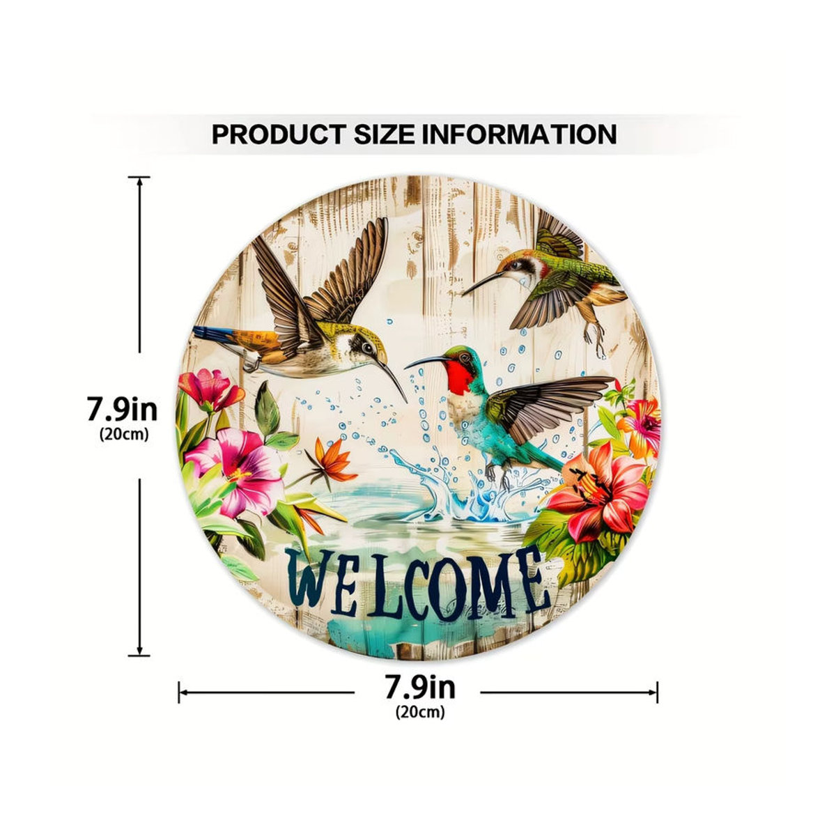 Rundes Holzschild sjs mit Kolibri- und Blumenmuster zum Aufhängen, mehrfarbig, florale Landhaus-Dekoration - Bild 6
