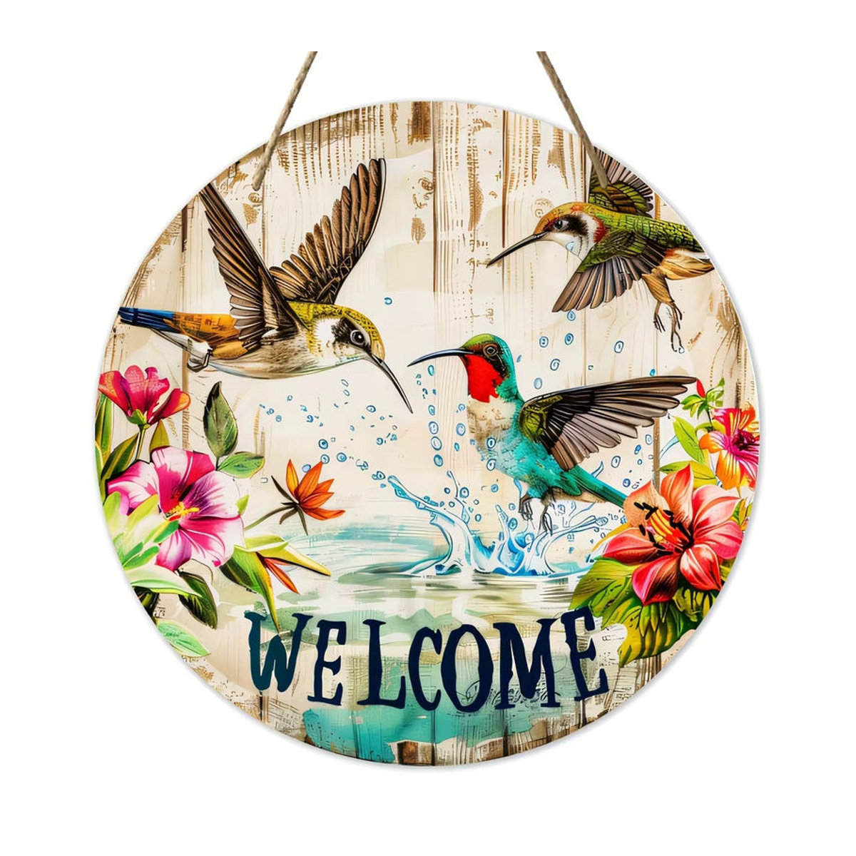 Rundes Holzschild sjs mit Kolibri- und Blumenmuster zum Aufhängen, mehrfarbig, florale Landhaus-Dekoration - Bild 7