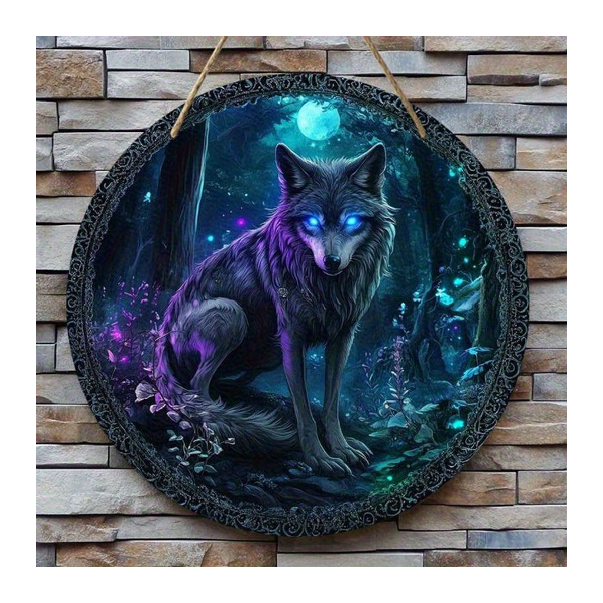 Rundes Holzschild Sjs mit Wolf-Mondlicht-Waldmuster in Mehrfarbig zur Wanddekoration - Bild 1