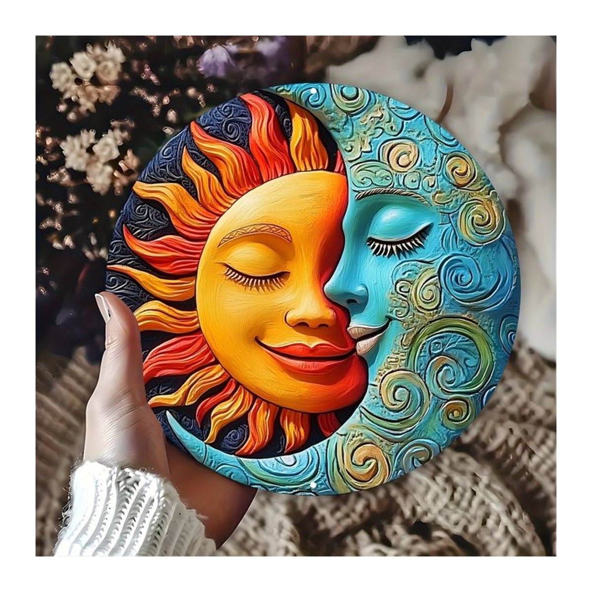 Rundes Holzschild Sonne und Mond als Gartendekoration im Landhausstil, mehrfarbig - Bild 1