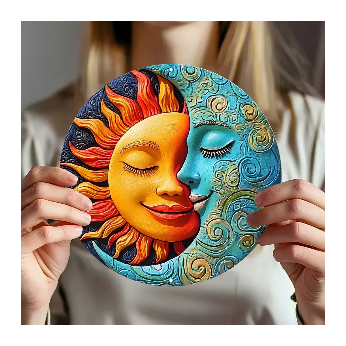 Rundes Holzschild Sonne und Mond als Gartendekoration im Landhausstil, mehrfarbig - Bild 2