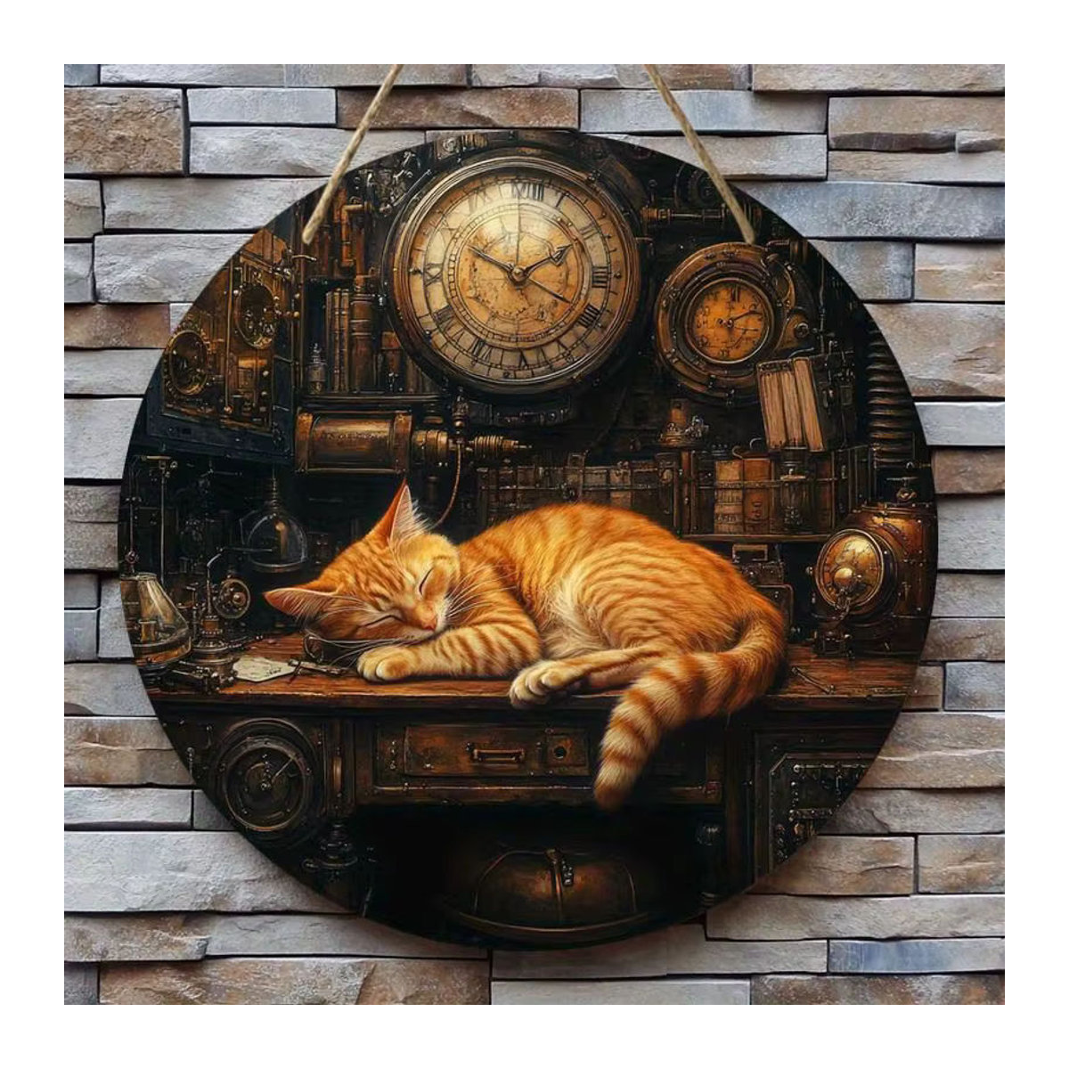 Rundes Holzschild Steampunk-Katze von sjs in Braun und Mehrfarbig mit Vintage-Uhrendesign zur Wanddekoration - Bild 3