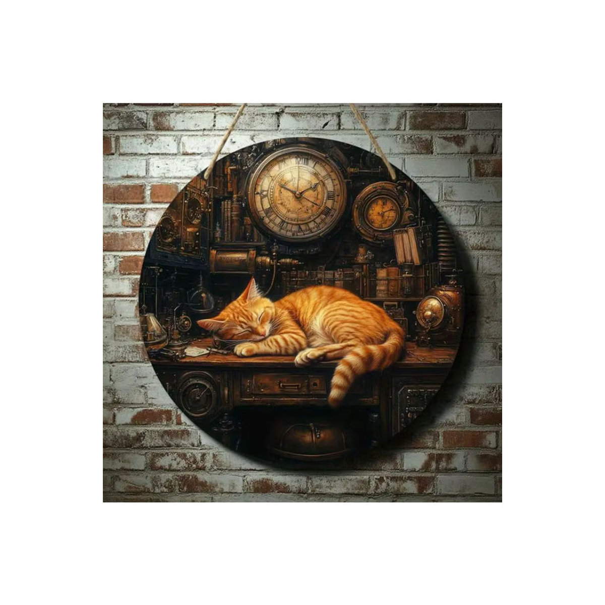 Rundes Holzschild Steampunk-Katze von sjs in Braun und Mehrfarbig mit Vintage-Uhrendesign zur Wanddekoration - Bild 6
