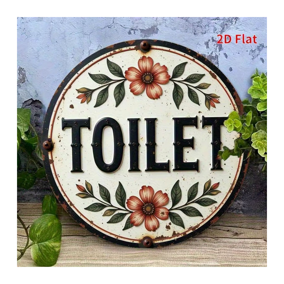 Rundes Holzschild Toilettenschild mit floralem Blumenmuster in Mehrfarbig, Durchmesser: 20,3 cm, hängende Wanddekoration im Vintage-Stil - Bild 4