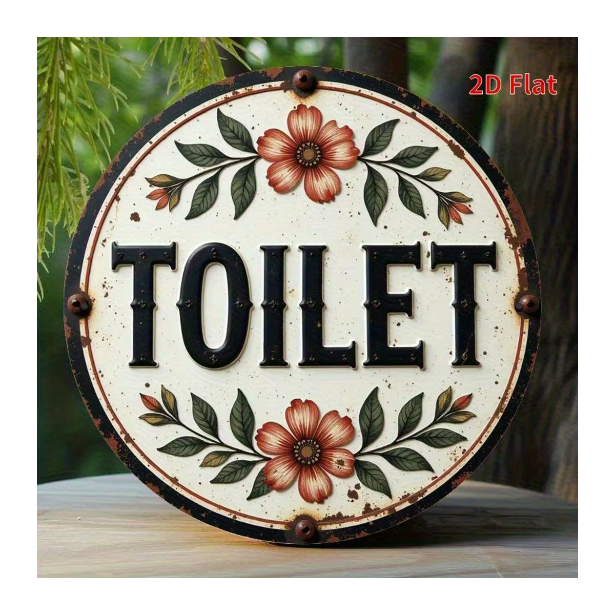 Rundes Holzschild Toilettenschild mit floralem Blumenmuster in Mehrfarbig, Durchmesser: 20,3 cm, hängende Wanddekoration im Vintage-Stil - Bild 6