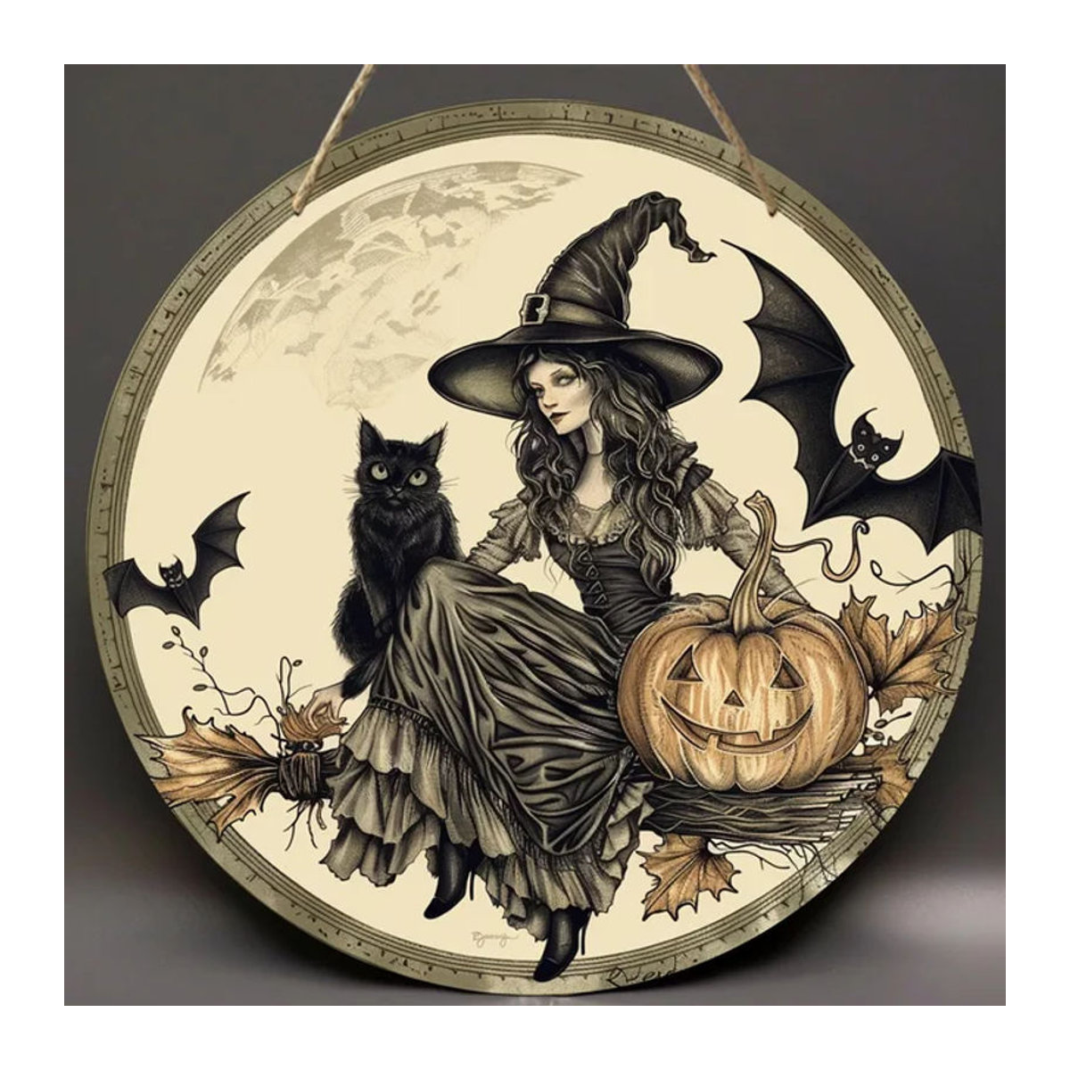 Rundes Holzschild von sjs mit Hexenmotiv, Katzen, Fledermäusen und Kürbissen für Halloween und Herbst, mehrfarbig, hängend mit Schnur - Bild 1
