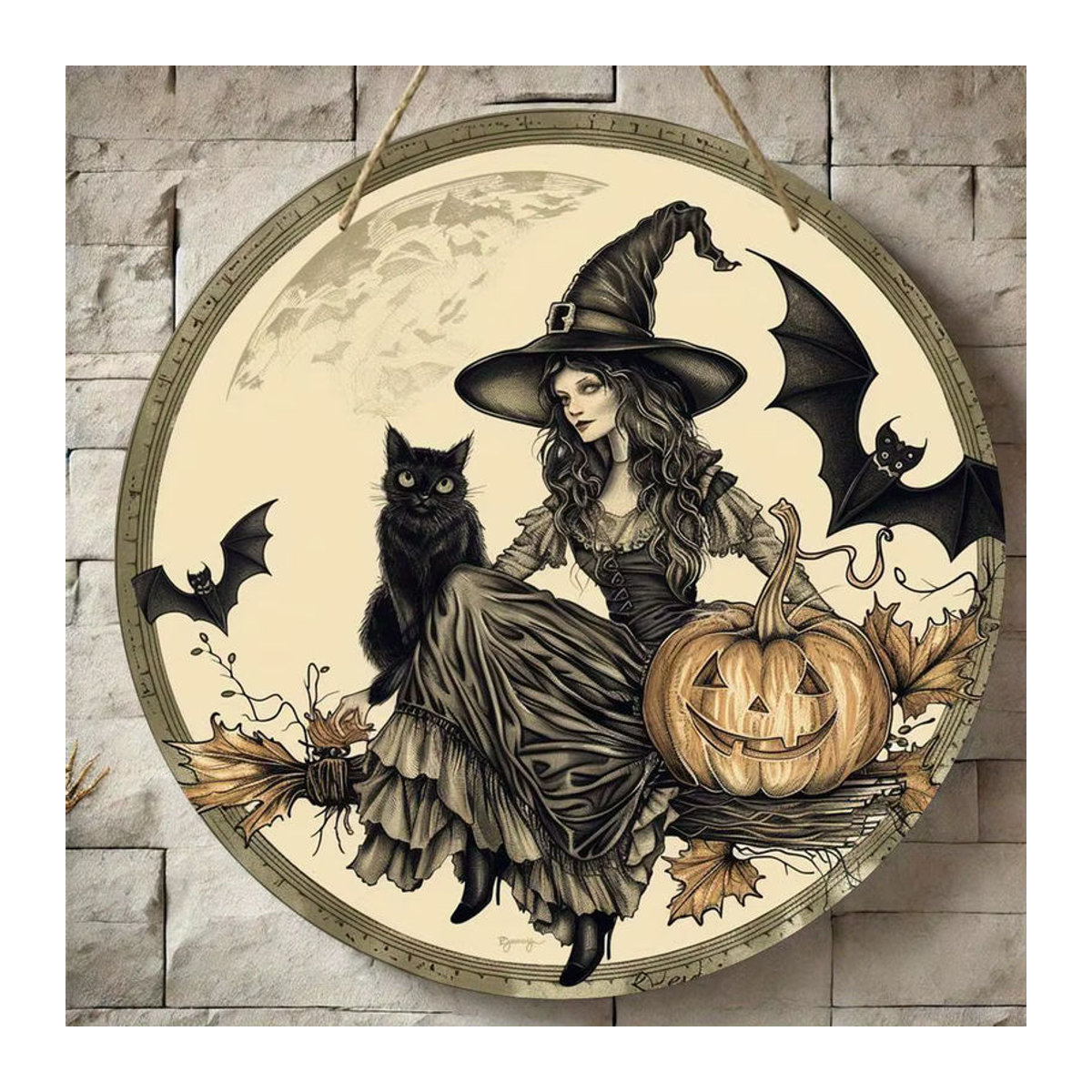 Rundes Holzschild von sjs mit Hexenmotiv, Katzen, Fledermäusen und Kürbissen für Halloween und Herbst, mehrfarbig, hängend mit Schnur - Bild 2