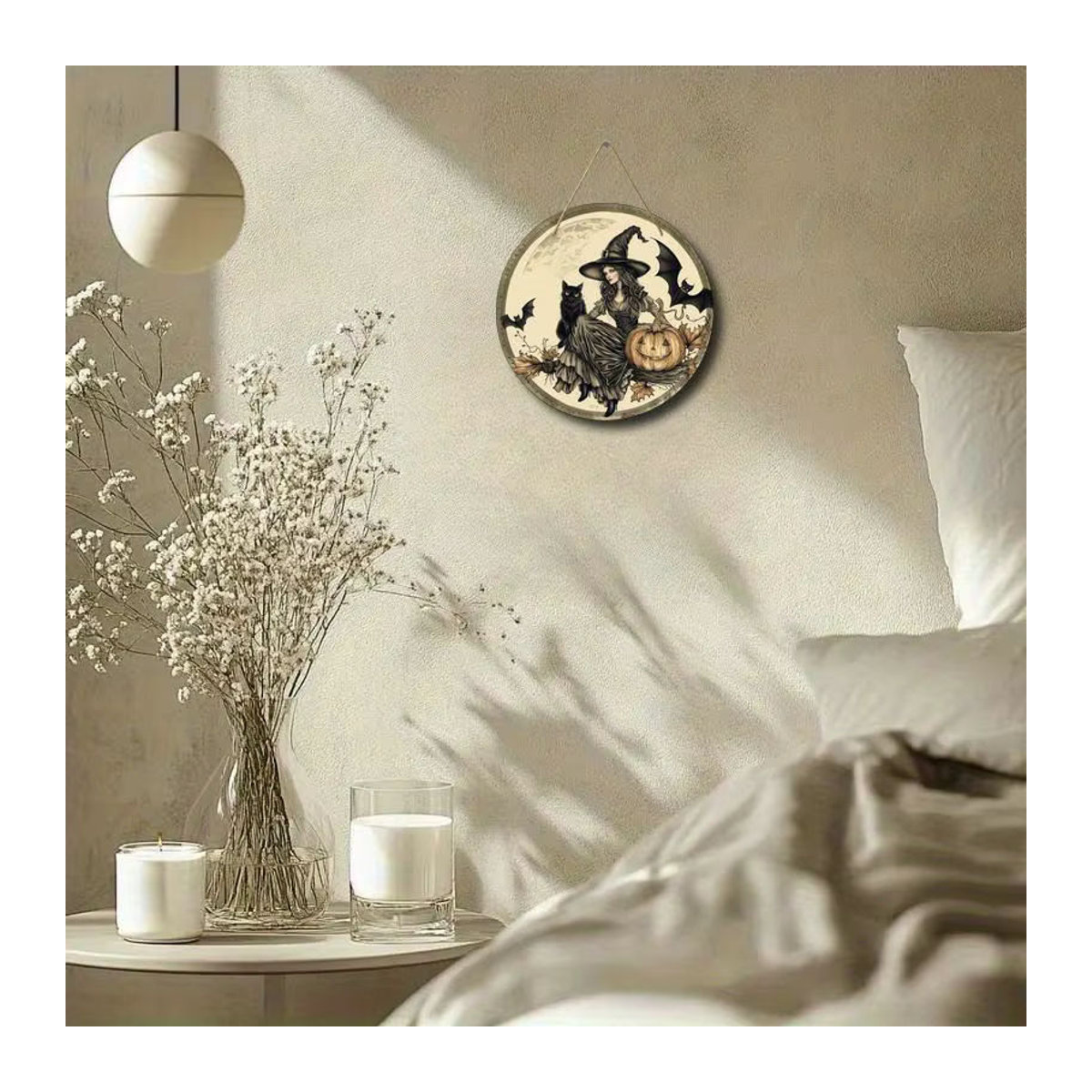 Rundes Holzschild von sjs mit Hexenmotiv, Katzen, Fledermäusen und Kürbissen für Halloween und Herbst, mehrfarbig, hängend mit Schnur - Bild 3