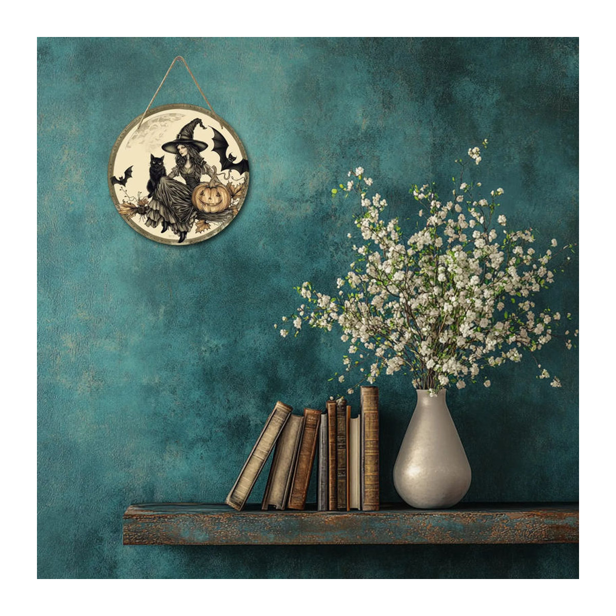 Rundes Holzschild von sjs mit Hexenmotiv, Katzen, Fledermäusen und Kürbissen für Halloween und Herbst, mehrfarbig, hängend mit Schnur - Bild 4