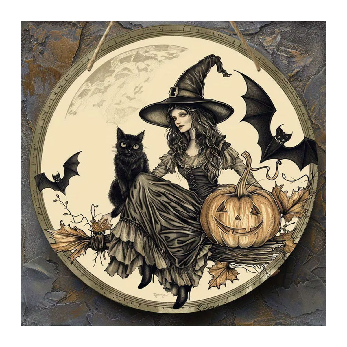 Rundes Holzschild von sjs mit Hexenmotiv, Katzen, Fledermäusen und Kürbissen für Halloween und Herbst, mehrfarbig, hängend mit Schnur - Bild 5