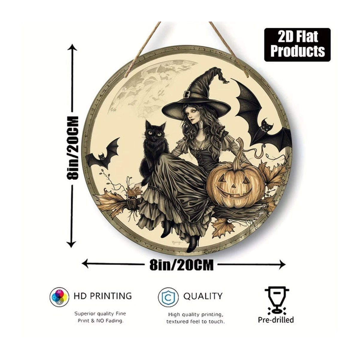 Rundes Holzschild von sjs mit Hexenmotiv, Katzen, Fledermäusen und Kürbissen für Halloween und Herbst, mehrfarbig, hängend mit Schnur - Bild 6