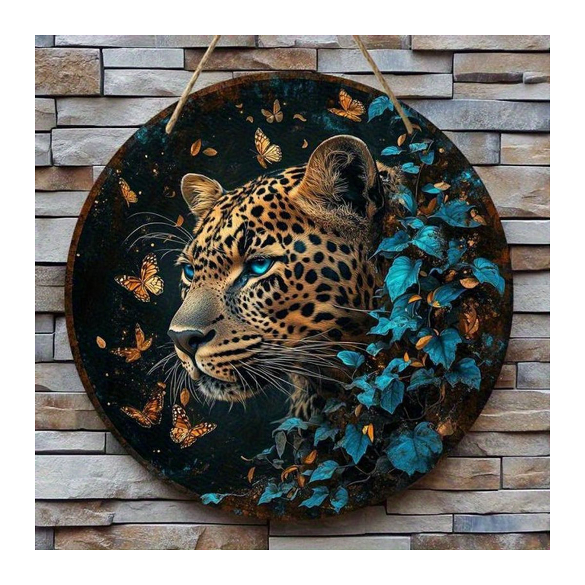 Rundes Holzschild von sjs mit Leoparden- und Schmetterlingsmotiv in Blau und Gold zur Dekoration - Bild 1