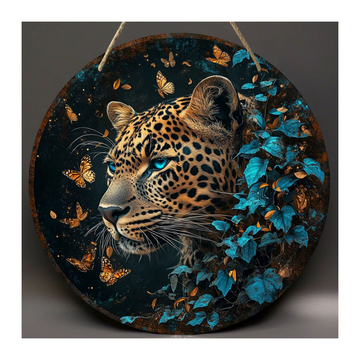 Rundes Holzschild von sjs mit Leoparden- und Schmetterlingsmotiv in Blau und Gold zur Dekoration - Bild 3