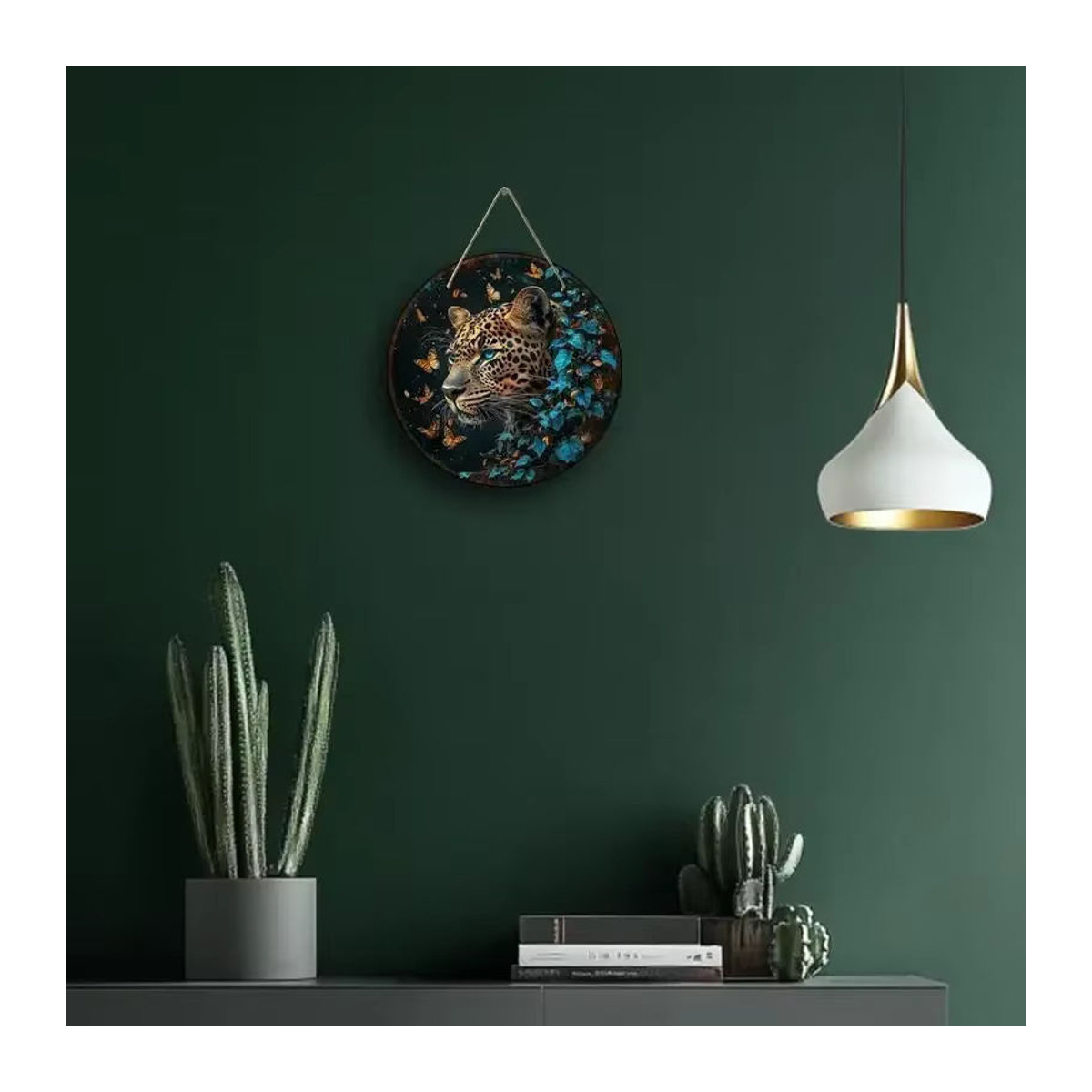 Rundes Holzschild von sjs mit Leoparden- und Schmetterlingsmotiv in Blau und Gold zur Dekoration - Bild 4