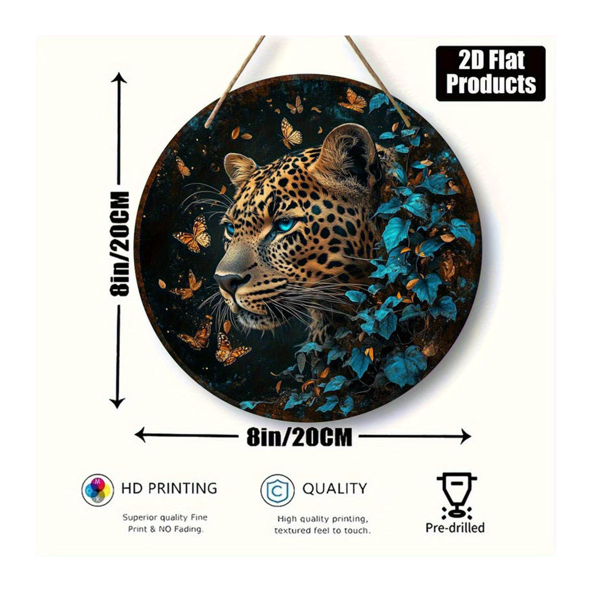 Rundes Holzschild von sjs mit Leoparden- und Schmetterlingsmotiv in Blau und Gold zur Dekoration - Bild 5