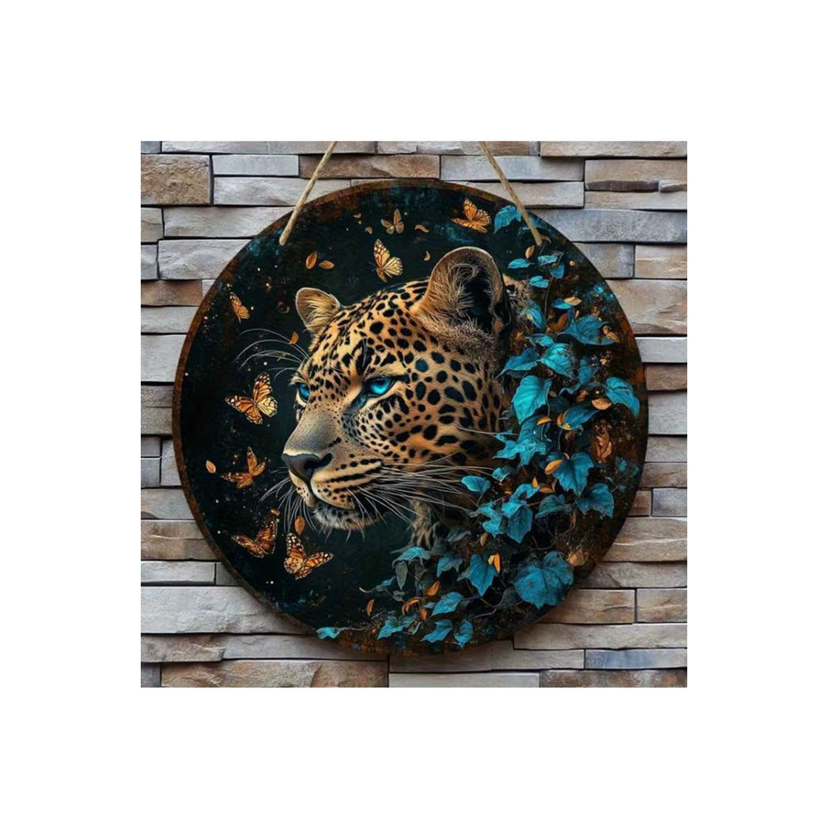 Rundes Holzschild von sjs mit Leoparden- und Schmetterlingsmotiv in Blau und Gold zur Dekoration - Bild 6
