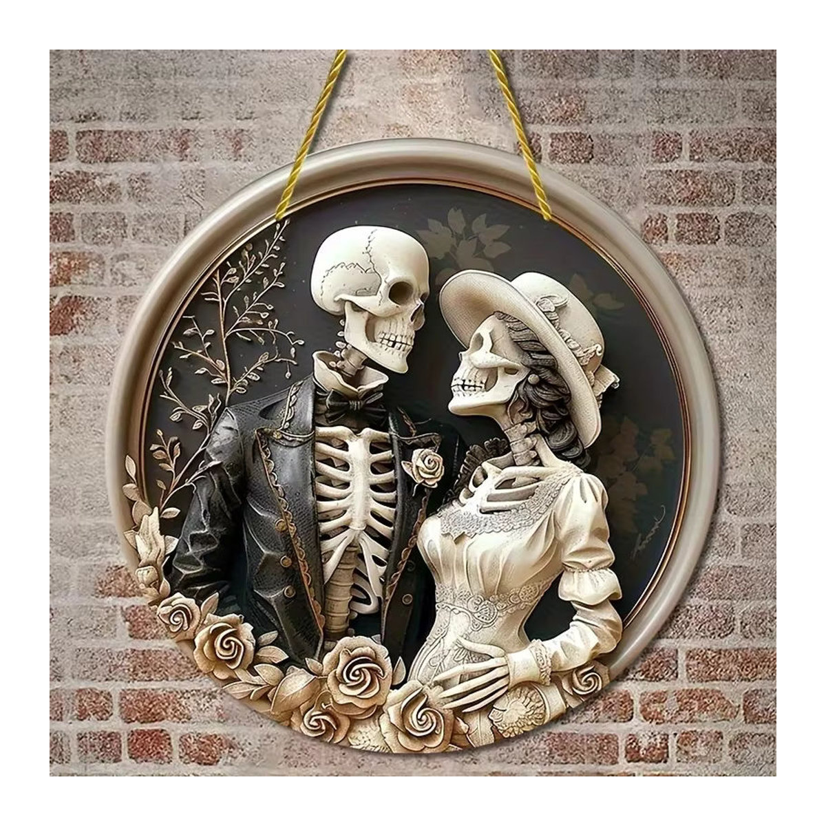 Rundes Holzschild von sjs mit Totenkopf-Paarmuster in Braun und Mehrfarbig für Halloween-Dekoration - Bild 5