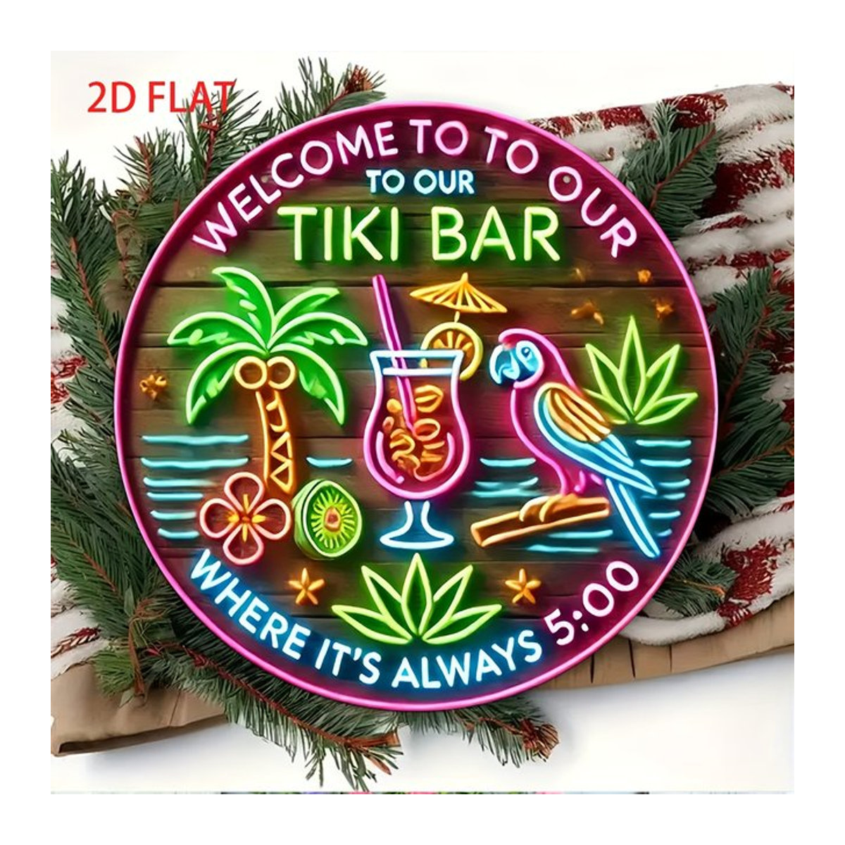 Rundes Holzschild Welcome to Our Tiki Bar als dekorative Hängedekoration für Veranda, Tür oder Outdoor-Bereich, mehrfarbig - Bild 1