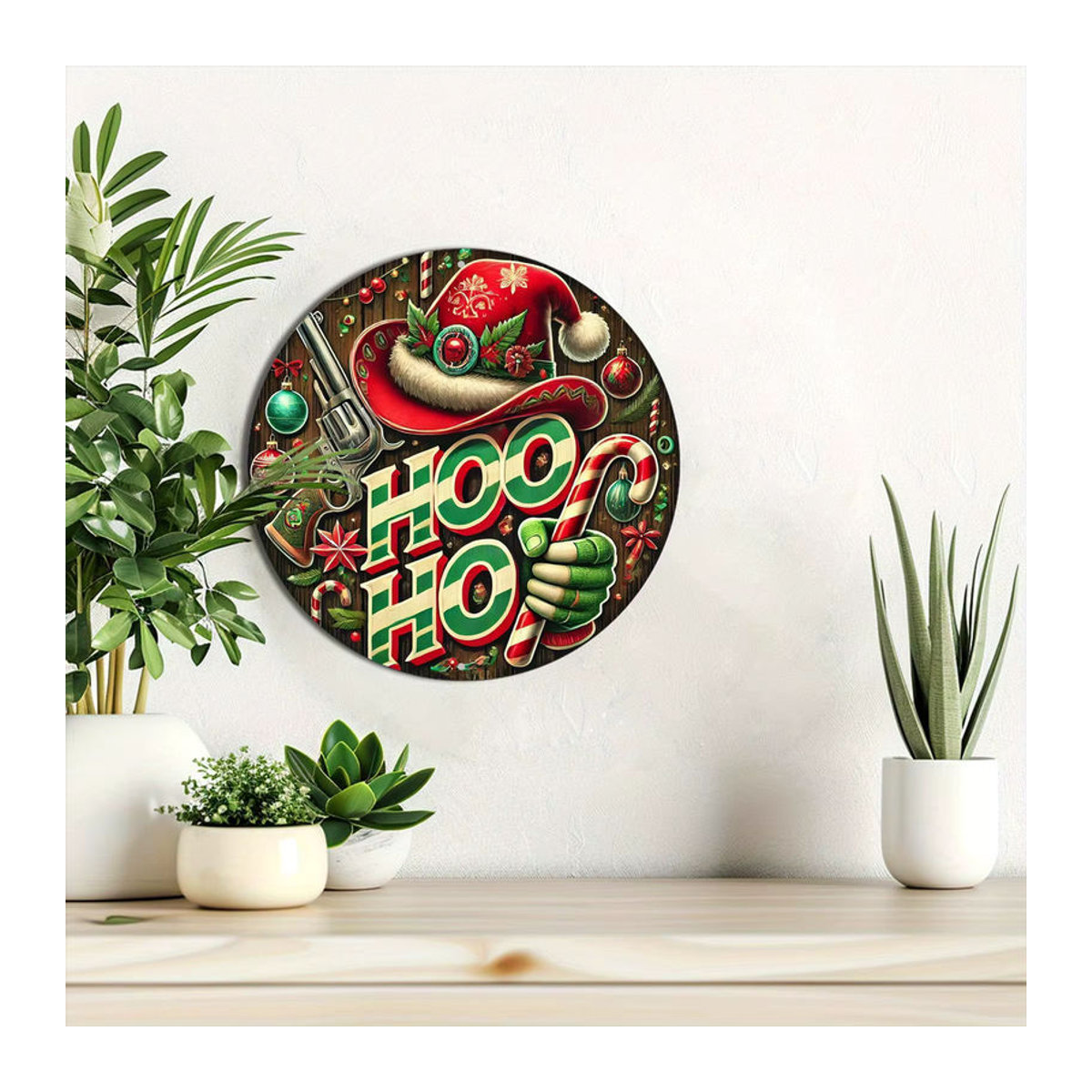Rundes Kranzschild im Vintage-Stil von Potdemiel mit HO HO-Weihnachtsthema, Wanddekoration aus Metall in Mehrfarbig, Durchmesser: 20,32 cm - Bild 4