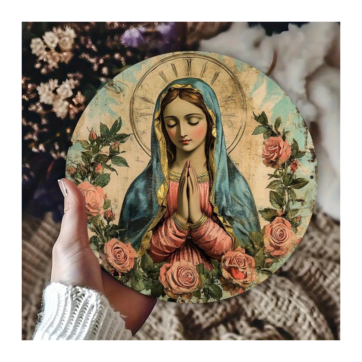 Rundes Metall-Kranzschild von Potdemiel mit religiöser Ikone und betender Figur in mehrfarbigem floralem Design - Bild 1