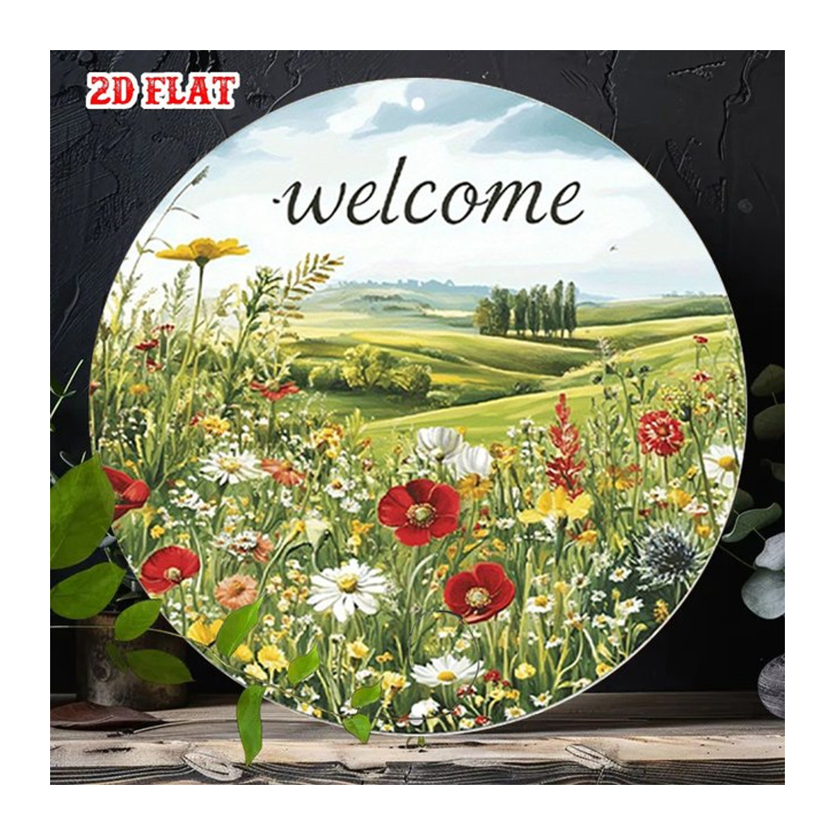 Rundes Metall-Wandkunstschild ipuro Vintage Blumenwiese mit Willkommensgruß, mehrfarbig, Durchmesser: 19,81 cm - Bild 1