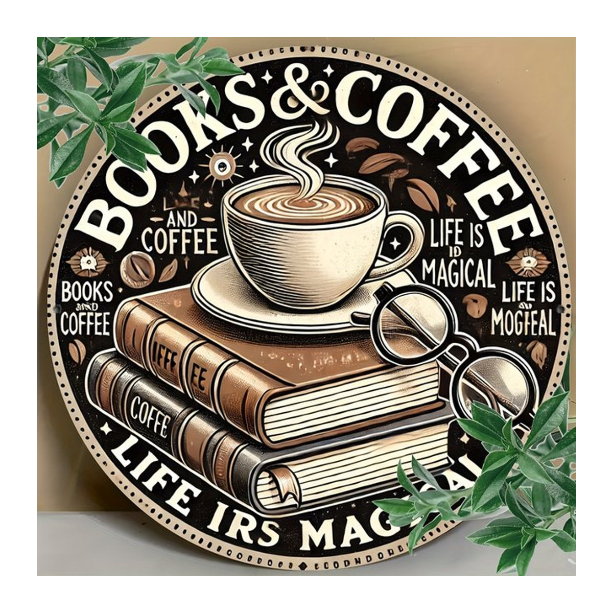 Rundes Metall-Wandkunstschild Potdemiel im Vintage-Stil mit Design Bücher und Kaffee, Farbe: Schwarz, Durchmesser: 20,3 cm - Bild 1