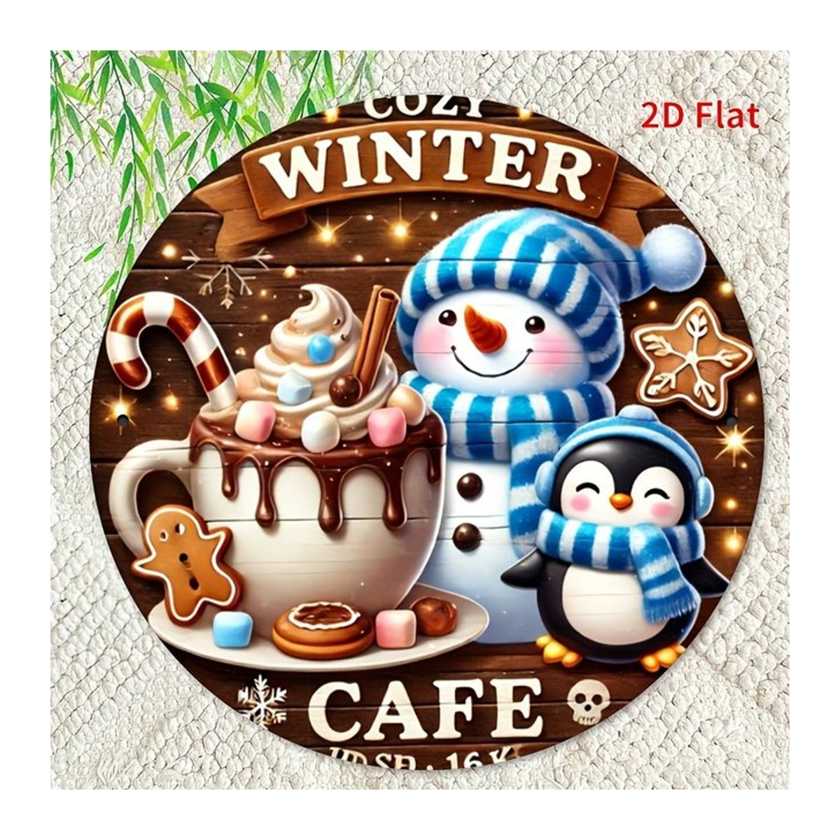 Rundes Metall-Wandkunstschild Winter Joyful Cafe mit Schneeflocken und Kaffeetassen Design, mehrfarbig - Bild 1