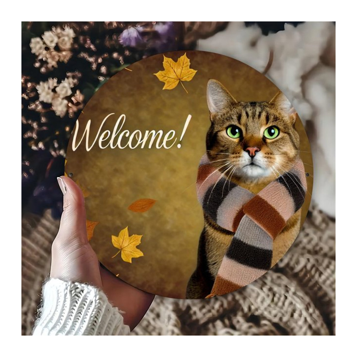 Rundes Metall-Wandschild mit Herbst-Katzen-Design, mehrfarbig, Durchmesser: 20,32 cm - Bild 1