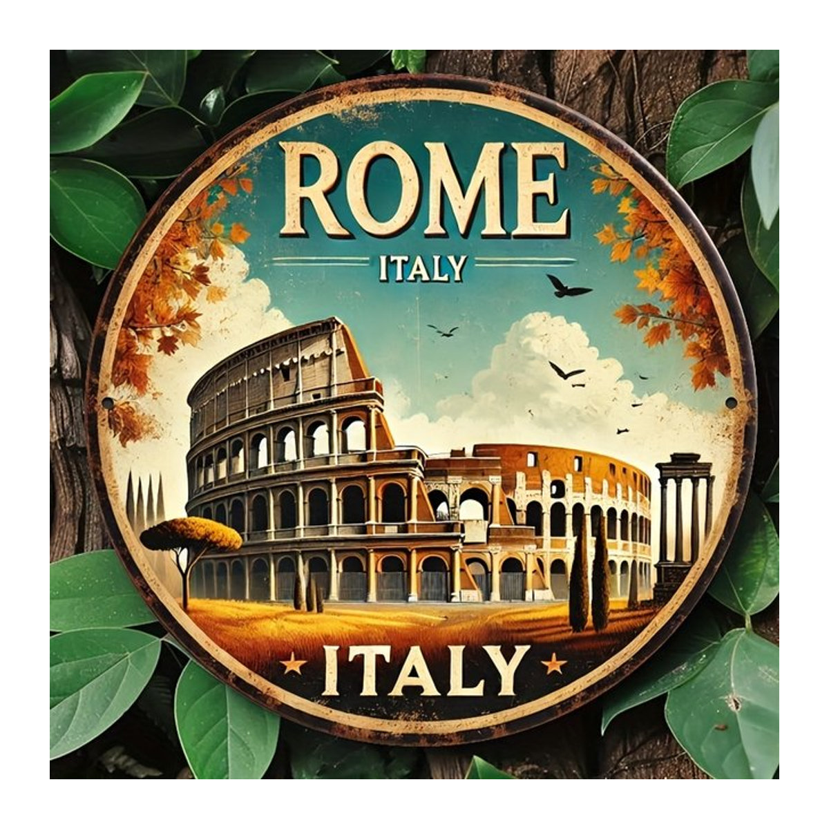 Rundes Metallblechschild Rome Italy mit Kolosseum und Herbstblättern im Vintage-Design, mehrfarbig, Durchmesser: 20,32 cm - Bild 1
