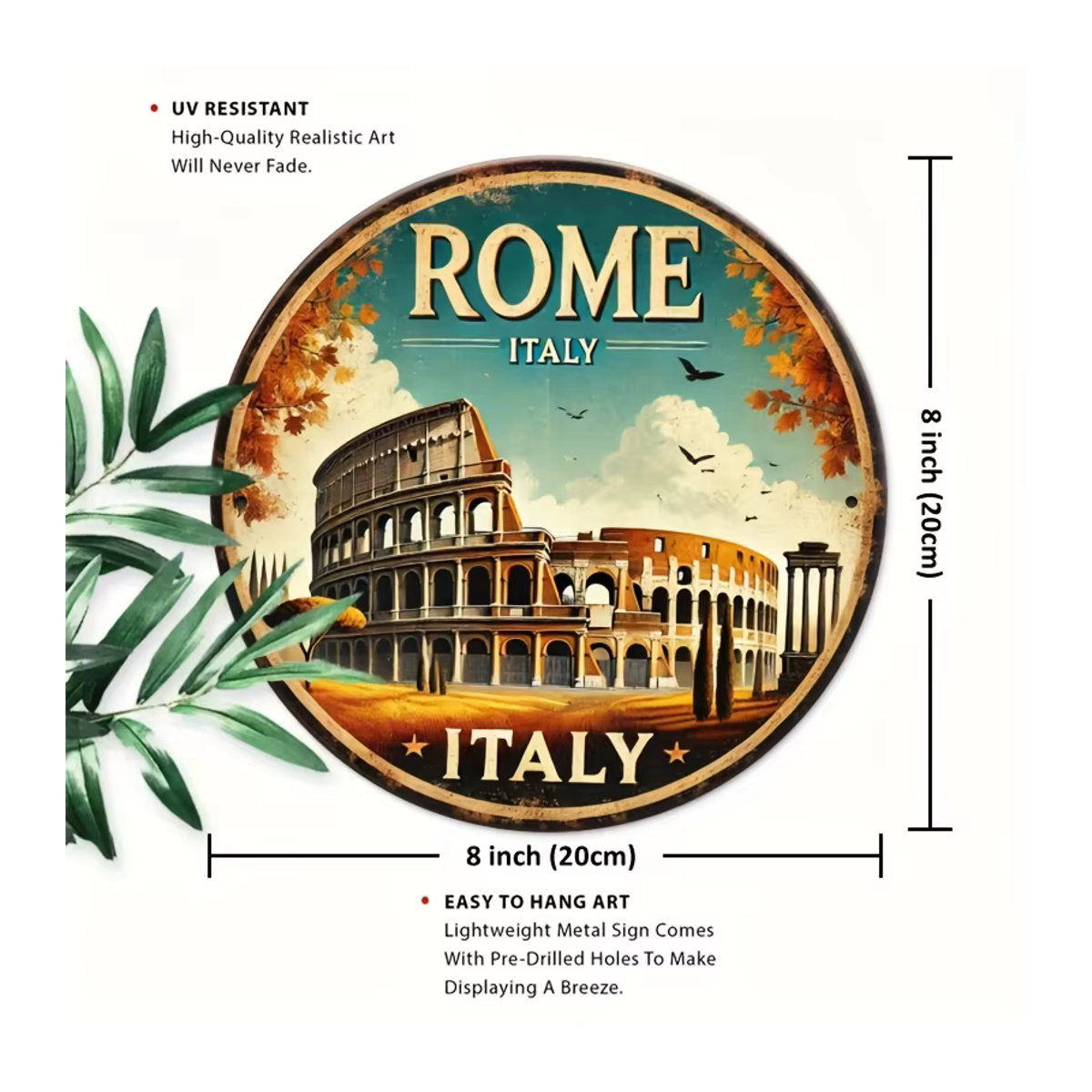 Rundes Metallblechschild Rome Italy mit Kolosseum und Herbstblättern im Vintage-Design, mehrfarbig, Durchmesser: 20,32 cm - Bild 2