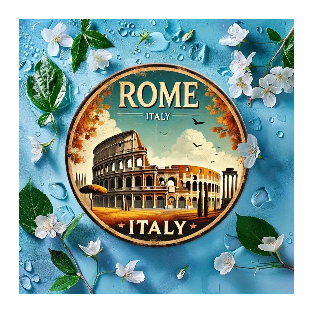 Rundes Metallblechschild Rome Italy mit Kolosseum und Herbstblättern im Vintage-Design, mehrfarbig, Durchmesser: 20,32 cm - Bild 3