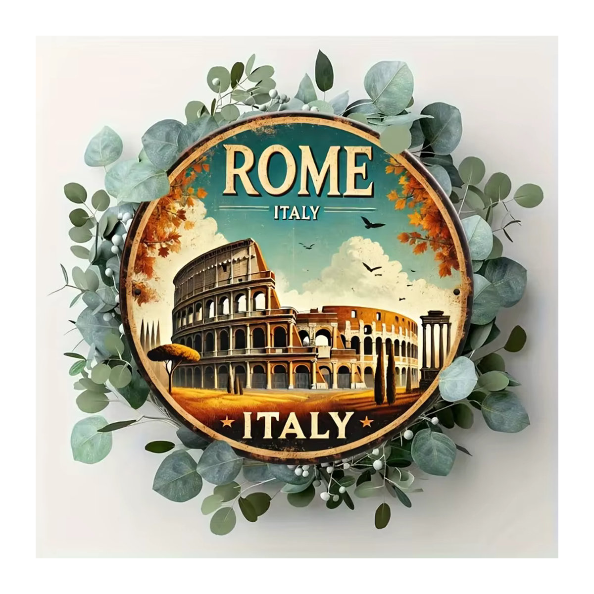 Rundes Metallblechschild Rome Italy mit Kolosseum und Herbstblättern im Vintage-Design, mehrfarbig, Durchmesser: 20,32 cm - Bild 4