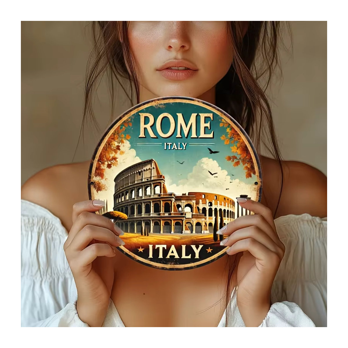 Rundes Metallblechschild Rome Italy mit Kolosseum und Herbstblättern im Vintage-Design, mehrfarbig, Durchmesser: 20,32 cm - Bild 5