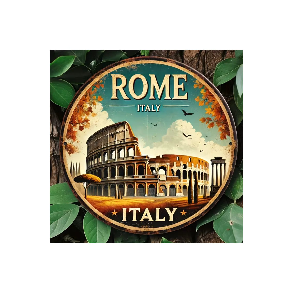 Rundes Metallblechschild Rome Italy mit Kolosseum und Herbstblättern im Vintage-Design, mehrfarbig, Durchmesser: 20,32 cm - Bild 6