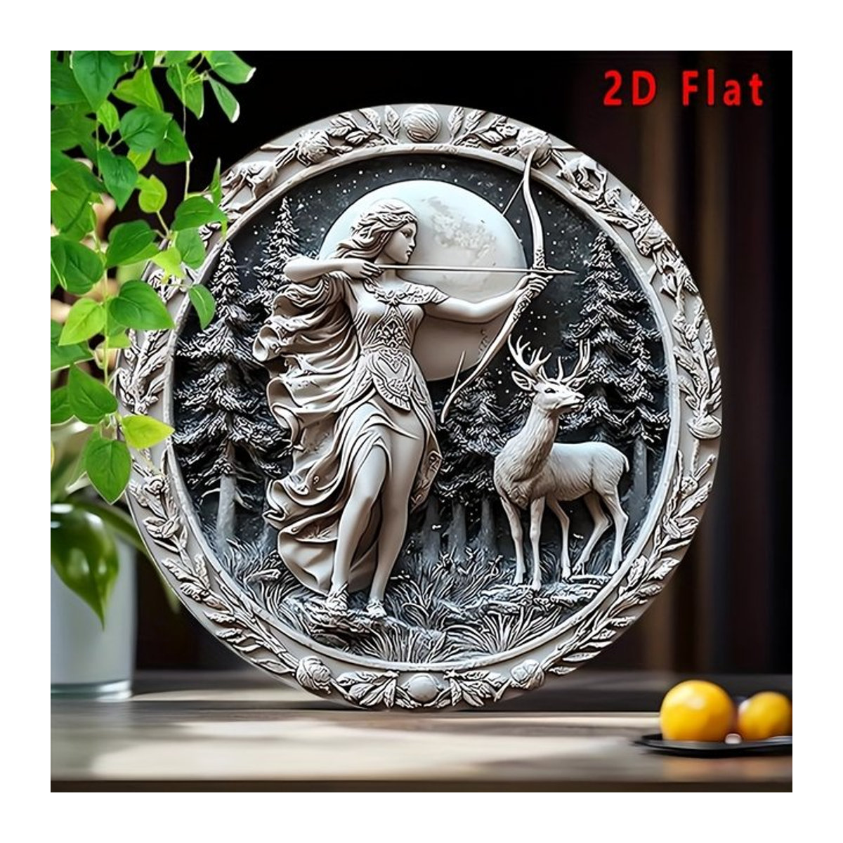 Rundes Metallschild Artemis Göttin Mond und Hirsch im Vintage-Stil, Durchmesser: 20,32 cm - Bild 1