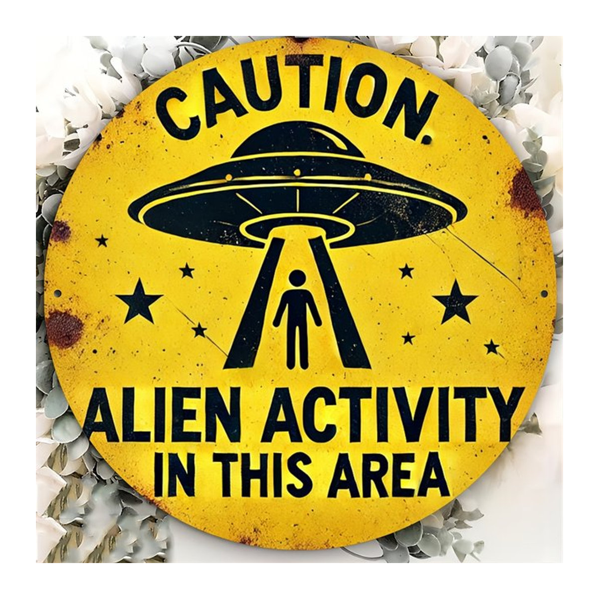 Rundes Metallschild HELLOYOUNG Alien-Aktivitätswarnung in Gelb im Vintage-Stil zur Wandmontage - Bild 1