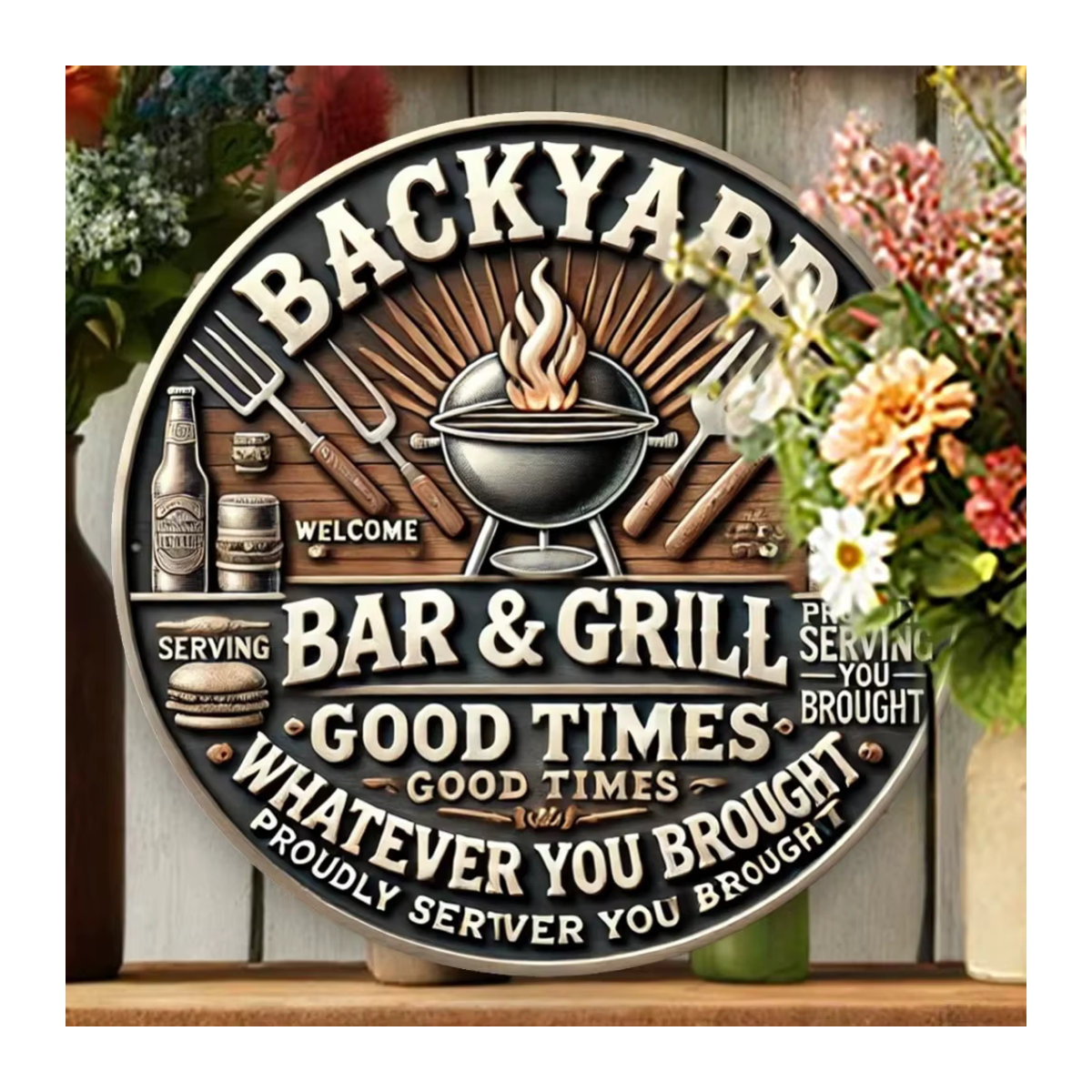 Rundes Metallschild HELLOYOUNG Barbecue und Bier Design in Vintage-Optik, mehrfarbig - Bild 2