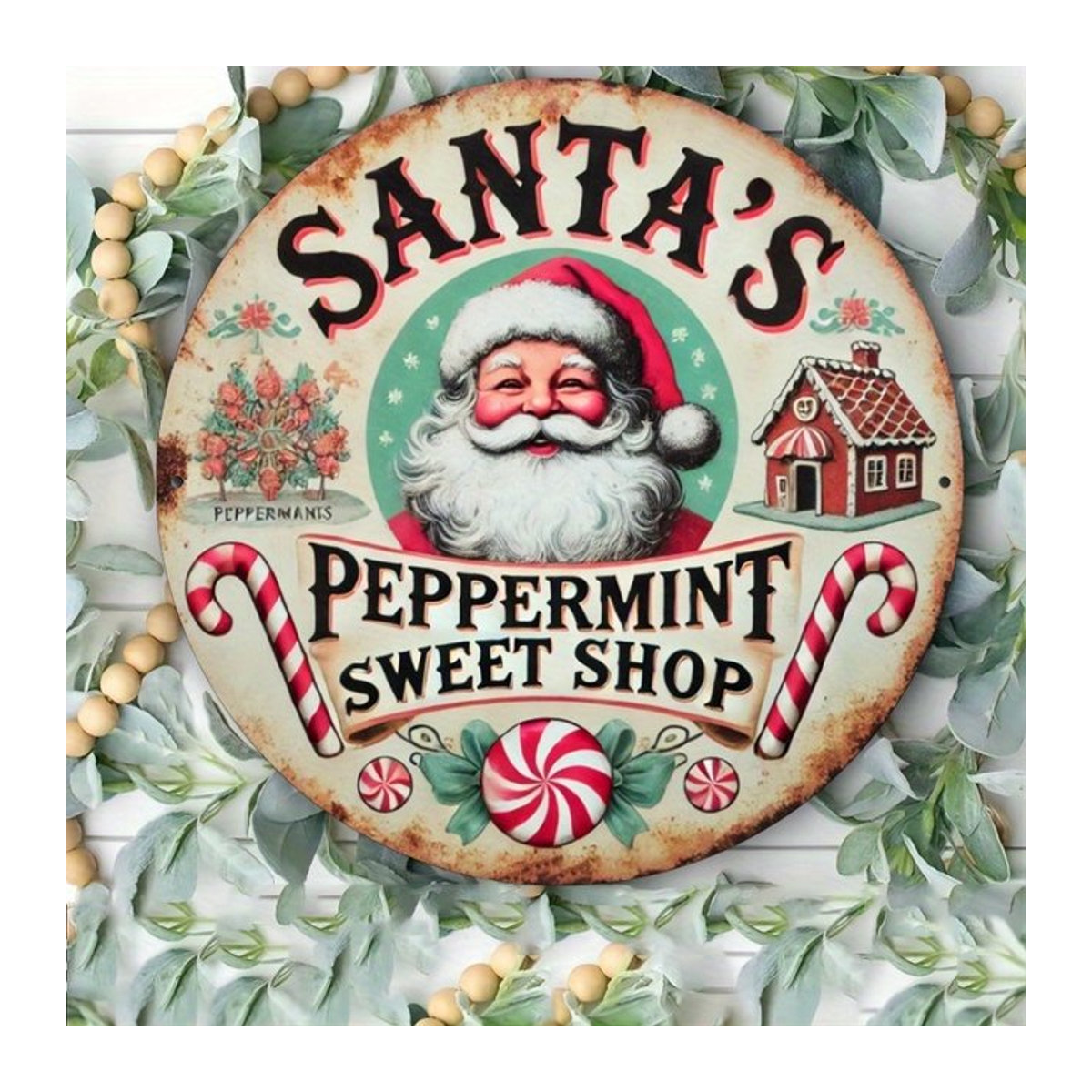 Rundes Metallschild HELLOYOUNG Santa's Mint Sweet Shop Vintage Weihnachtsdekor mehrfarbig - Bild 1