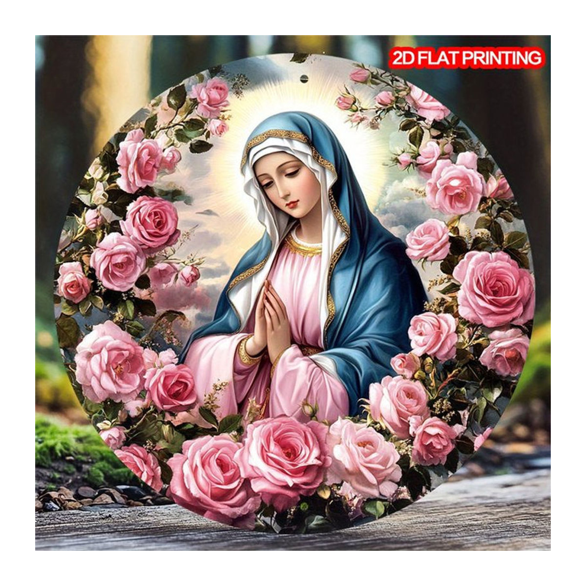 Rundes Metallschild Jungfrau Maria mit Blumen von Potdemiel in Vintage-Optik, mehrfarbig, Durchmesser: 20,3 cm - Bild 1