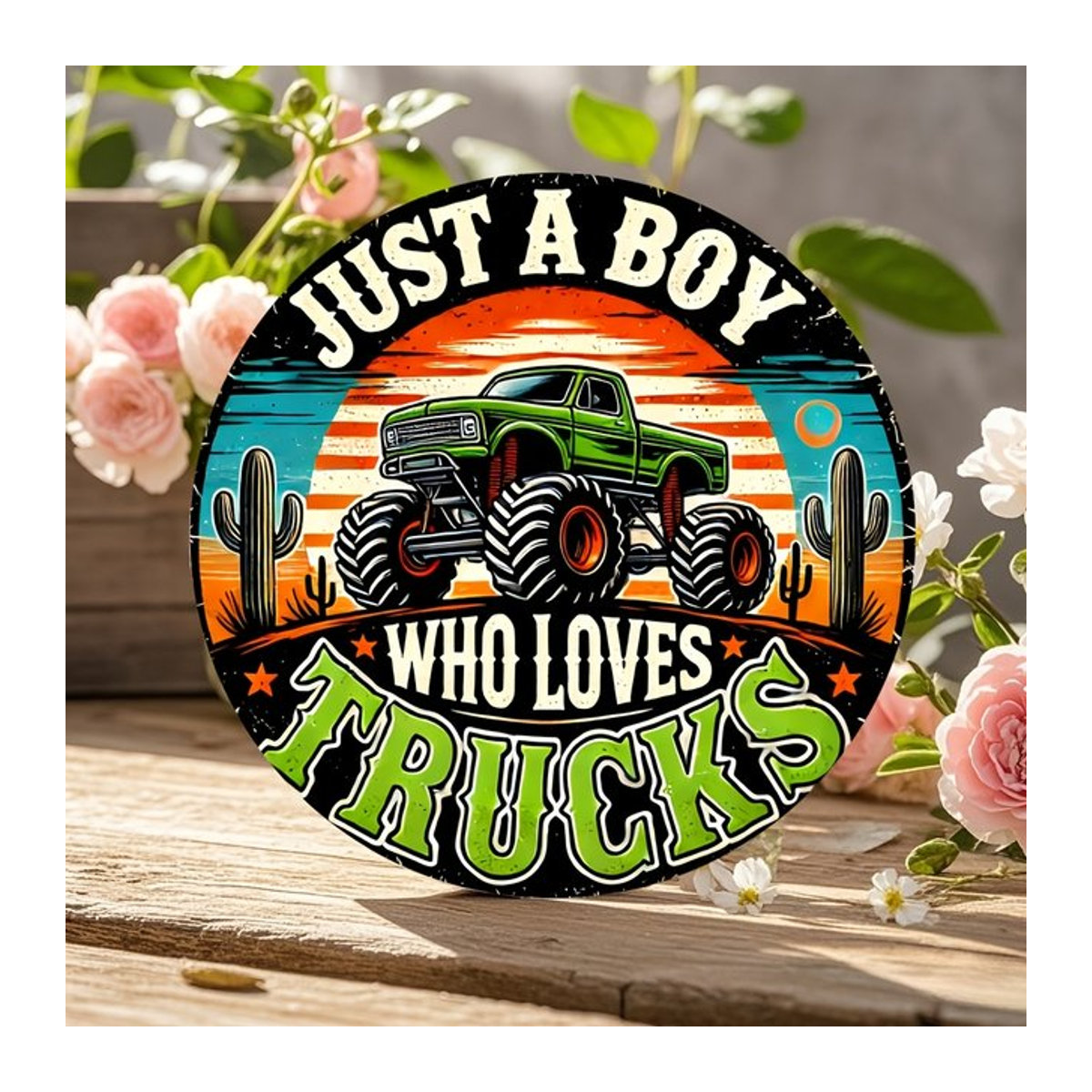 Rundes Metallschild Just a Boy Who Loves Trucks in Vintage-Optik mit Monster Truck-Design, Durchmesser: 20,3 cm - Bild 1