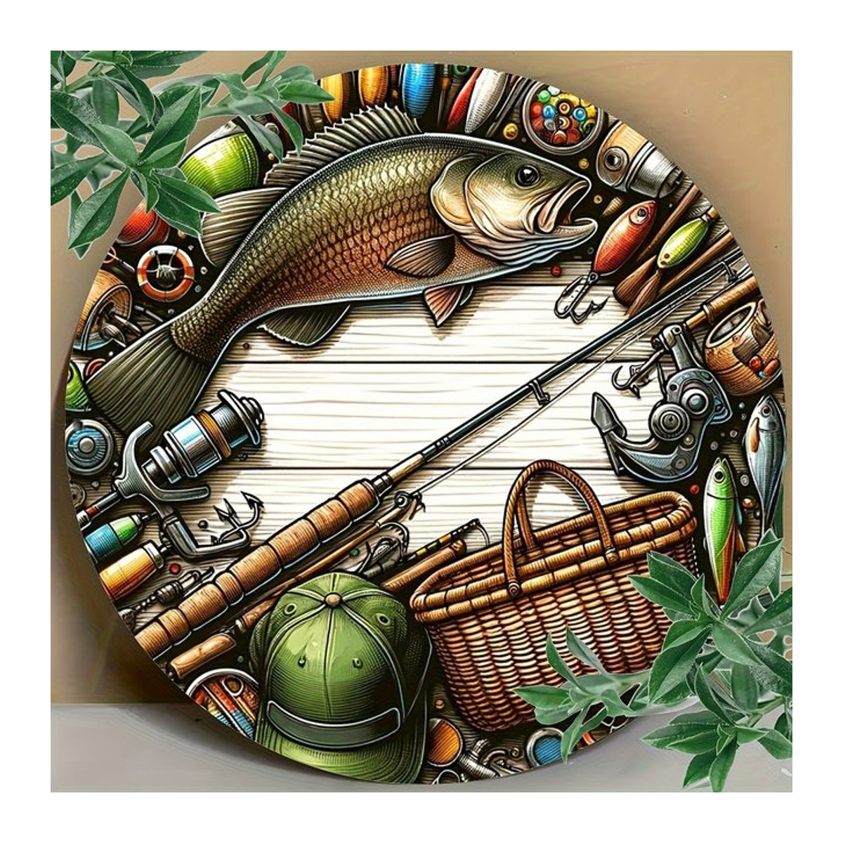 Rundes Metallschild mit Barsch-Illustration für Angelbegeisterte, dekorative Wandkunst aus Aluminium in mehrfarbigem Design - Bild 1