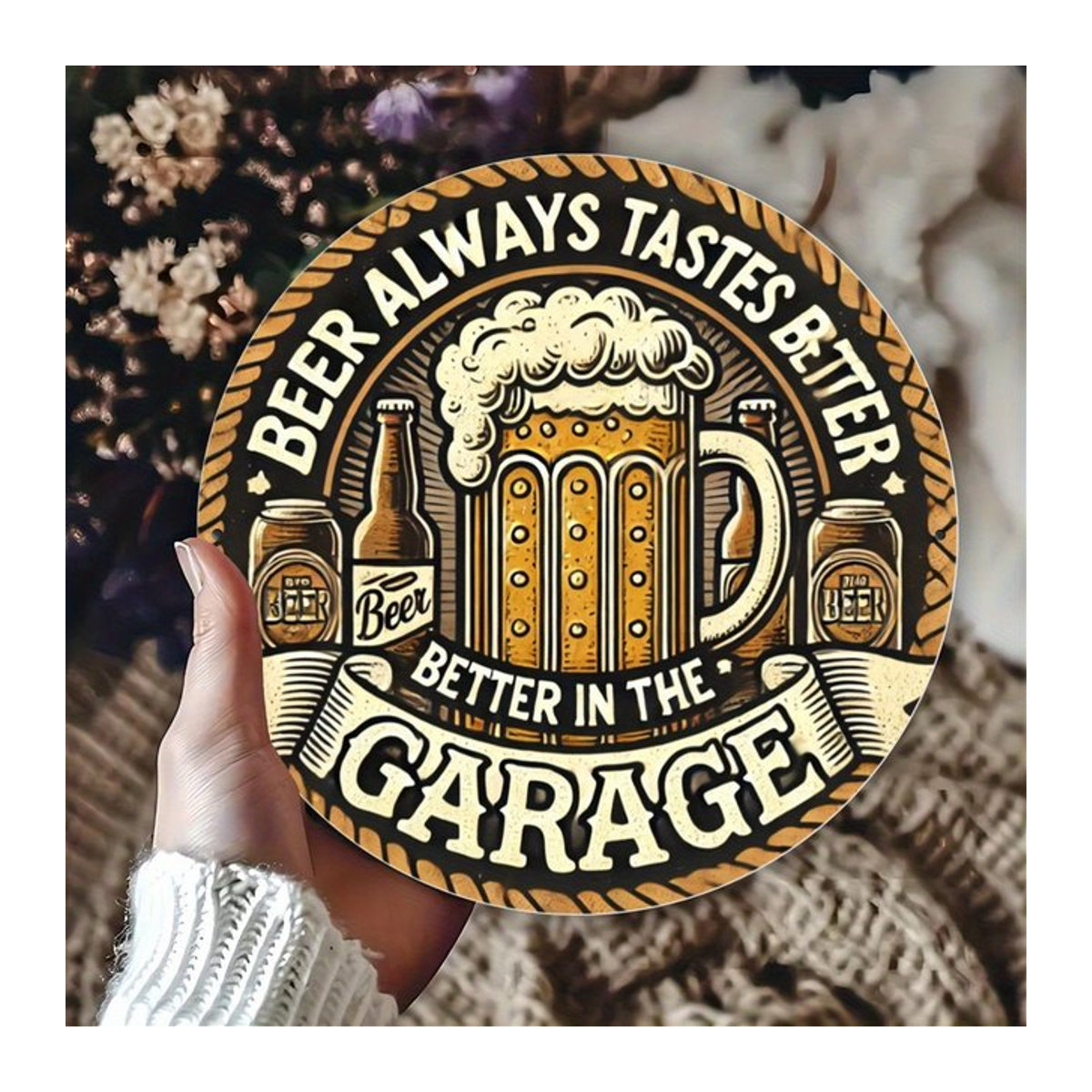 Rundes Metallschild mit Biermotiv im Vintage-Design, mehrfarbige Blechwandkunst zur Wandmontage, Durchmesser: 20,32 cm - Bild 1