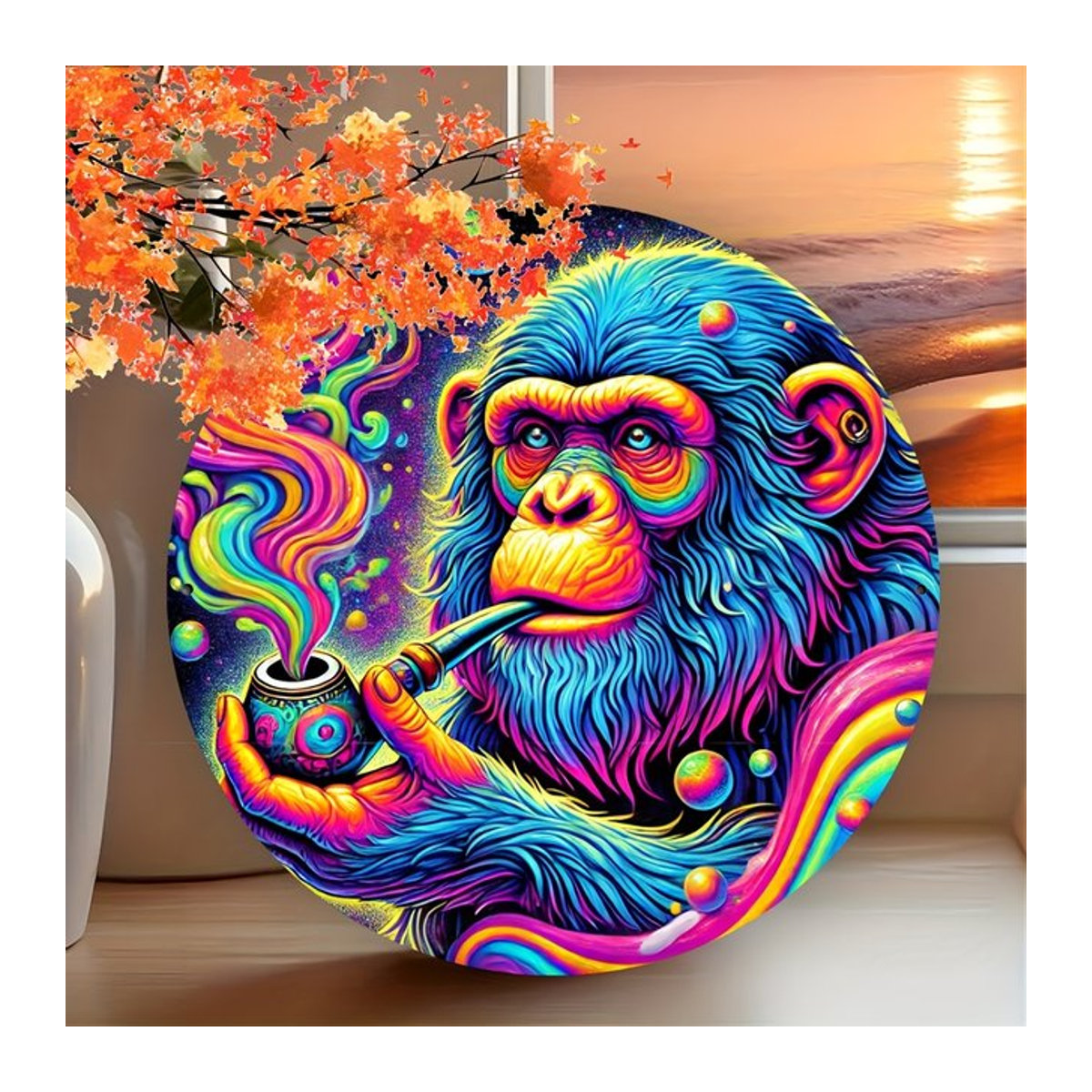 Rundes Metallschild mit psychedelischem Affe in abstrakter Bohemian-Optik, mehrfarbig, Durchmesser: 20,3 cm - Bild 1