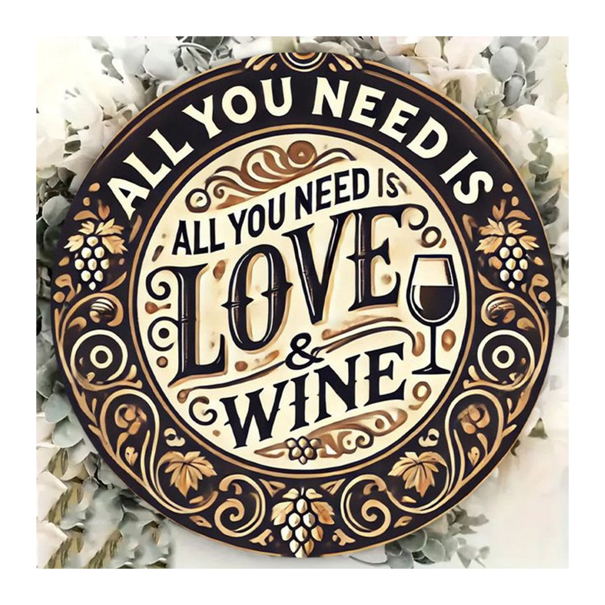 Rundes Metallschild Potdemiel All You Need Is Love & Wine im Vintage-Stil mit floralem Design, mehrfarbig - Bild 1