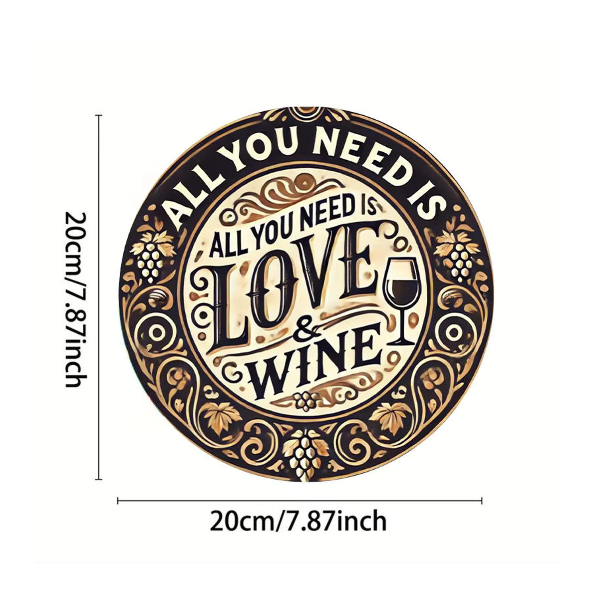 Rundes Metallschild Potdemiel All You Need Is Love & Wine im Vintage-Stil mit floralem Design, mehrfarbig - Bild 2